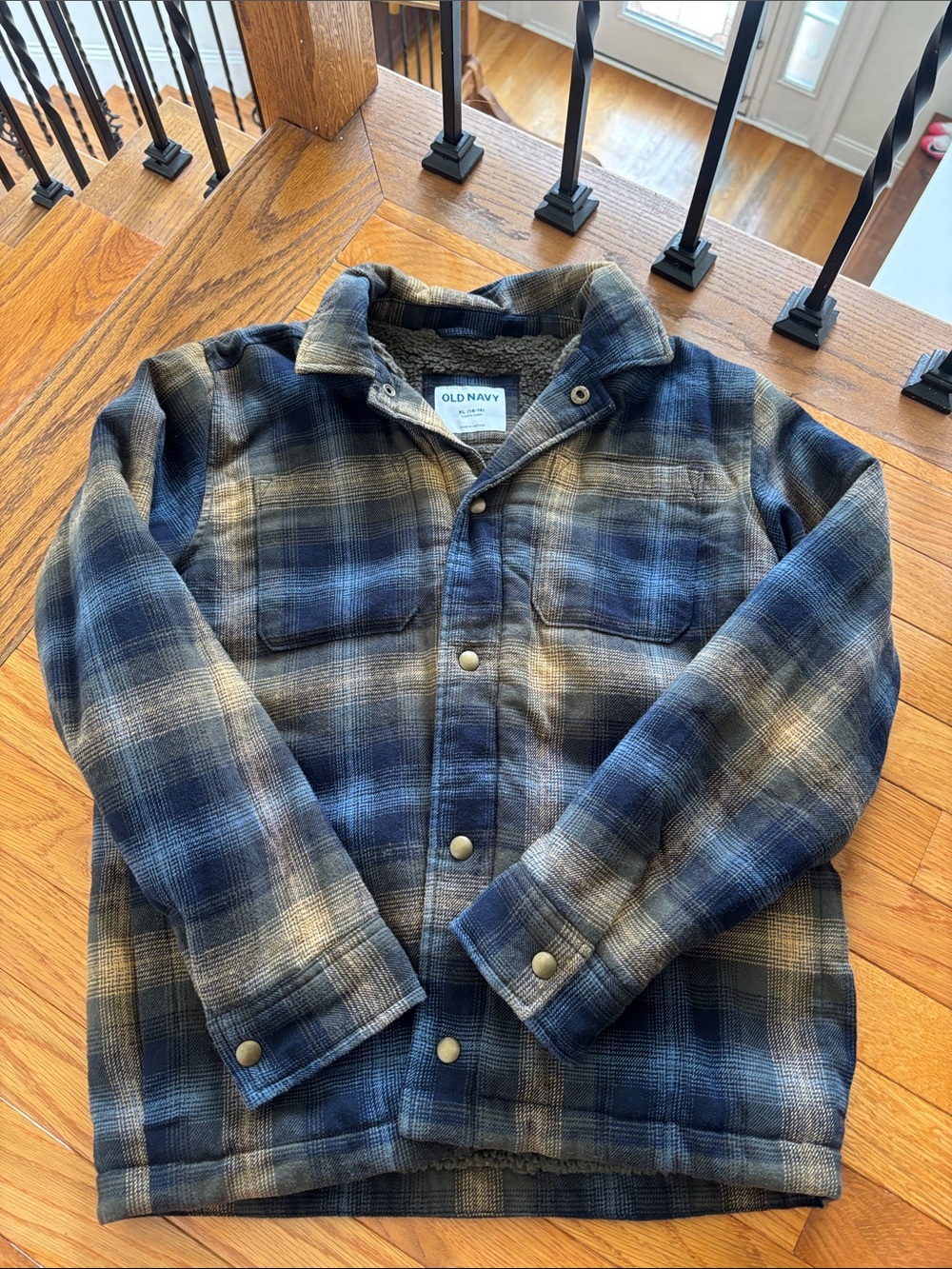 Old Navy Navy and Gray Plaid Sherpa-Lined Jacket